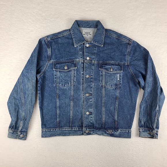 Guess Jean Denim Trucker Jacket Mens Large Blue Flap‎ Pocket VTG USA Style 10807